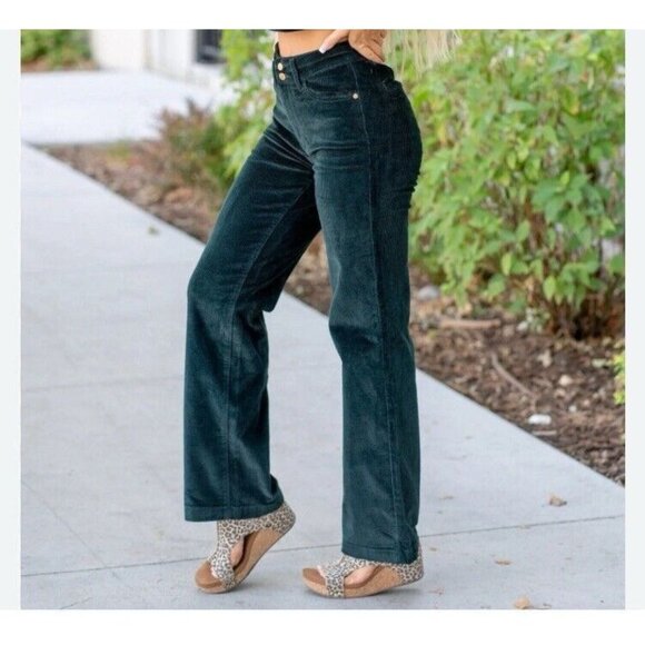 Judy Blue Womens Corduroy Jeans Sz 15/32 Claudia High-Rise Wide Leg Emerald - Picture 8 of 9